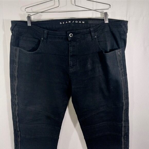 SEAN JOHN! RICH BLACK SIDE STRIPE, KNEE DETAIL DENIM 5 POCKET JEANS! SZ 44 X 29 - Picture 3 of 12